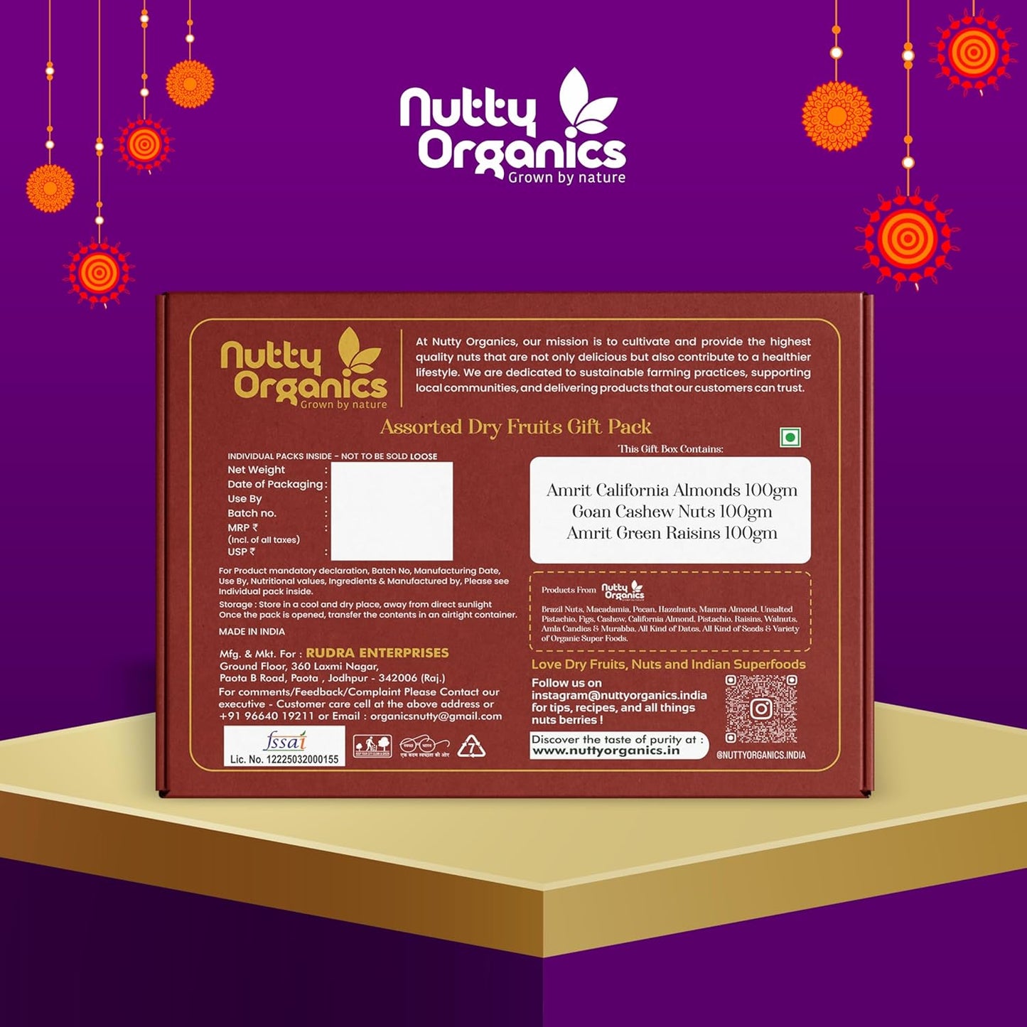 Nutty Organics Premium Gift Set — Almonds · Cashew · Green Raisins (100g each) + Card