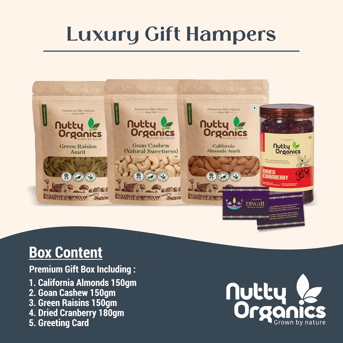 Nutty Organics Premium Dry Fruit Set — 3×150g (Almonds, Cashew, Raisins) + Cranberry 180g | Gift Box & Card