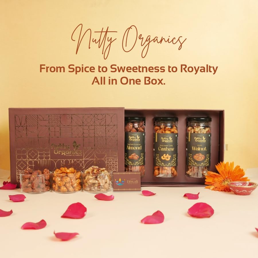 Nutty Organics Premium Diwali Gift Box: Cashew, Almond, Walnut — 3×130g Jars | Vegan & Gluten-Free