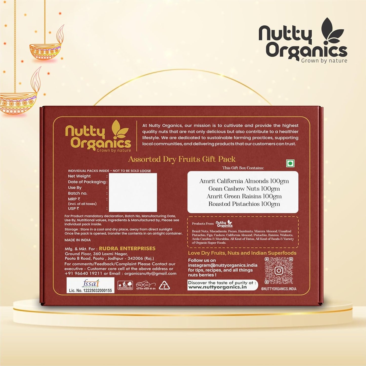 Nutty Organics Gift Box: Cashew · Almonds · Raisins · Pistachio — 100g Each (400g)