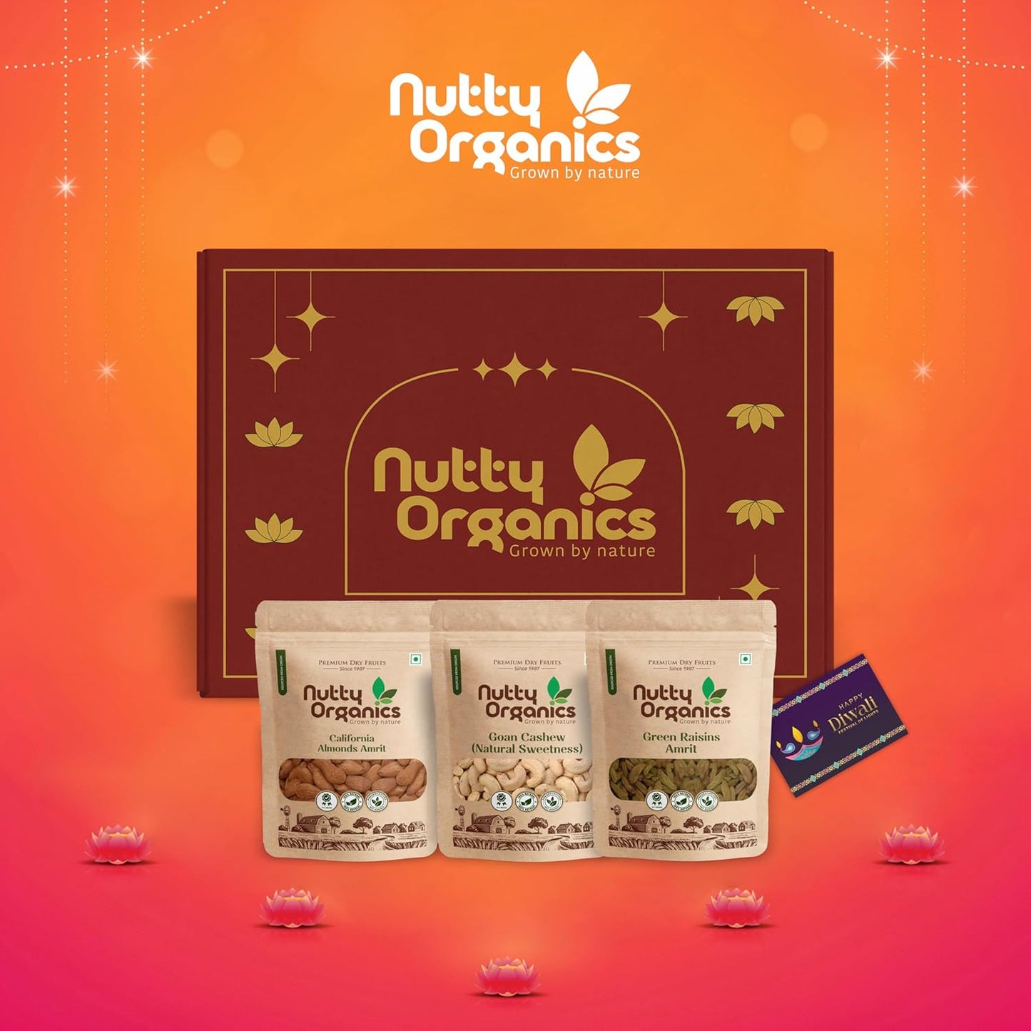 Nutty Organics Premium Gift Set — Almonds · Cashew · Green Raisins (100g each) + Card
