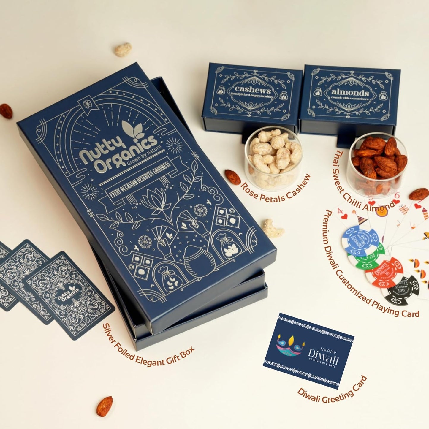 Nutty Organics Gourmet Diwali Set: Rose Petal Cashews & Thai Sweet Chilli Almonds 130g Each + Diwali Playing Cards