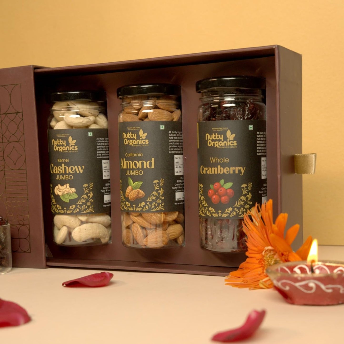 Nutty Organics Premium Diwali Gift Box: Cashew, Almond & Whole Cranberry — 3×160g Jars | Vegan, Gluten-Free