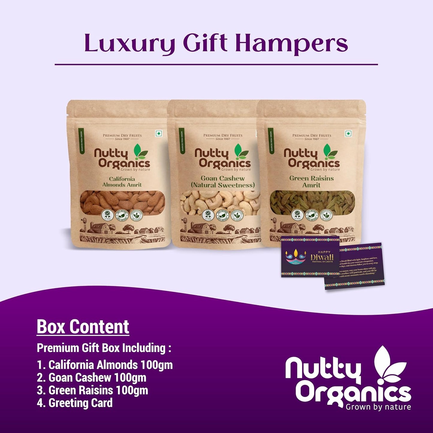 Nutty Organics Premium Gift Set — Almonds · Cashew · Green Raisins (100g each) + Card