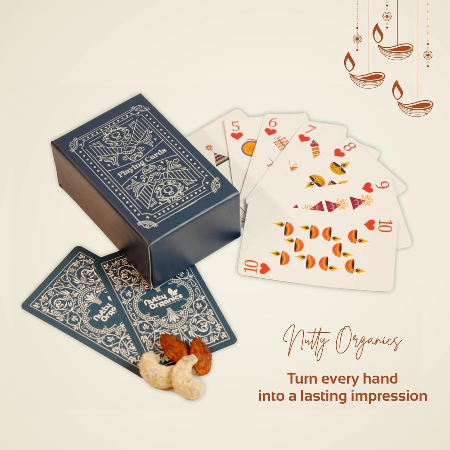 Nutty Organics Gourmet Diwali Set: Rose Petal Cashews & Thai Sweet Chilli Almonds 130g Each + Diwali Playing Cards