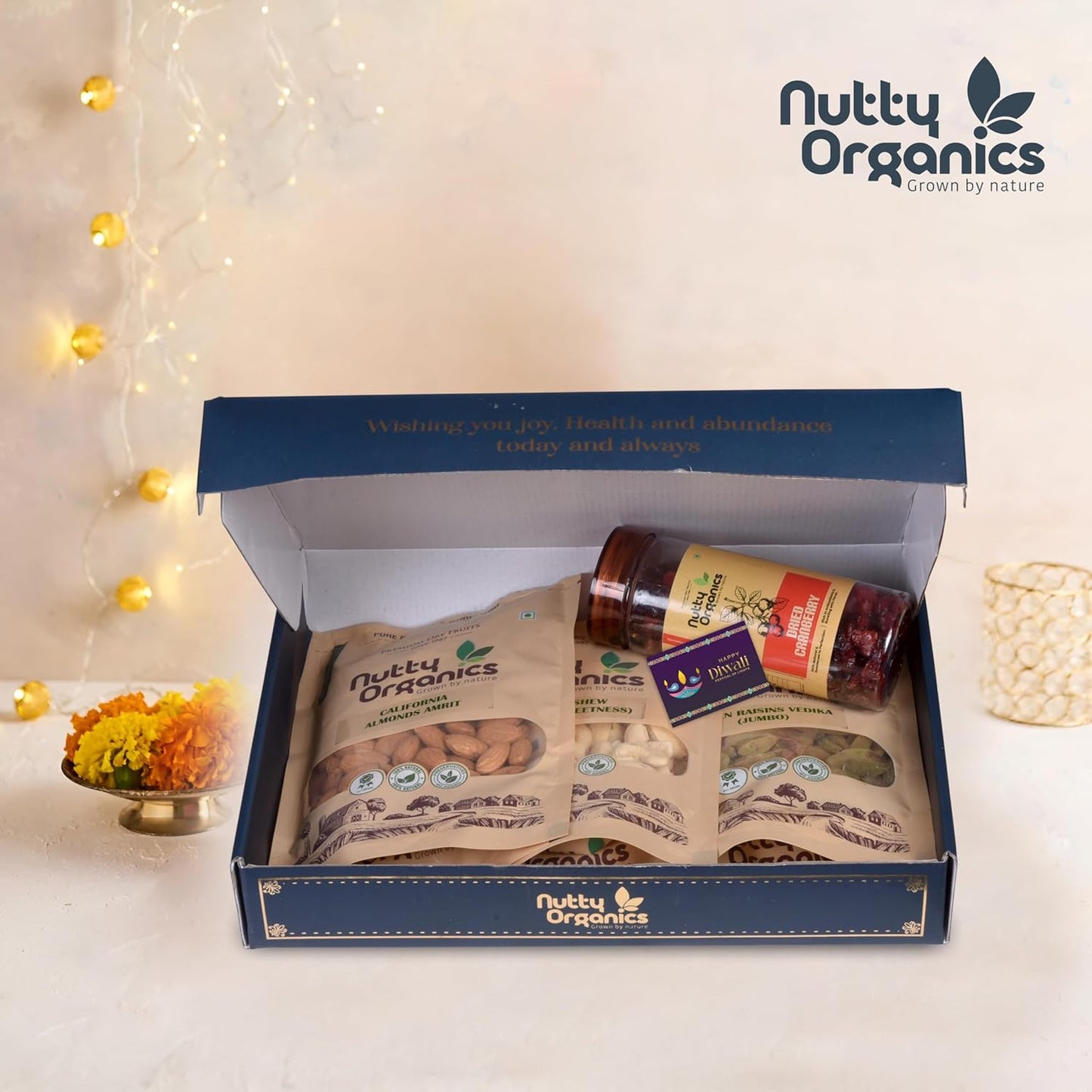 Nutty Organics Premium Dry Fruit Set — 3×150g (Almonds, Cashew, Raisins) + Cranberry 180g | Gift Box & Card