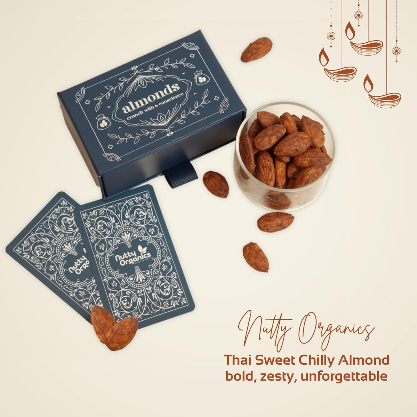 Nutty Organics Gourmet Diwali Set: Rose Petal Cashews & Thai Sweet Chilli Almonds 130g Each + Diwali Playing Cards