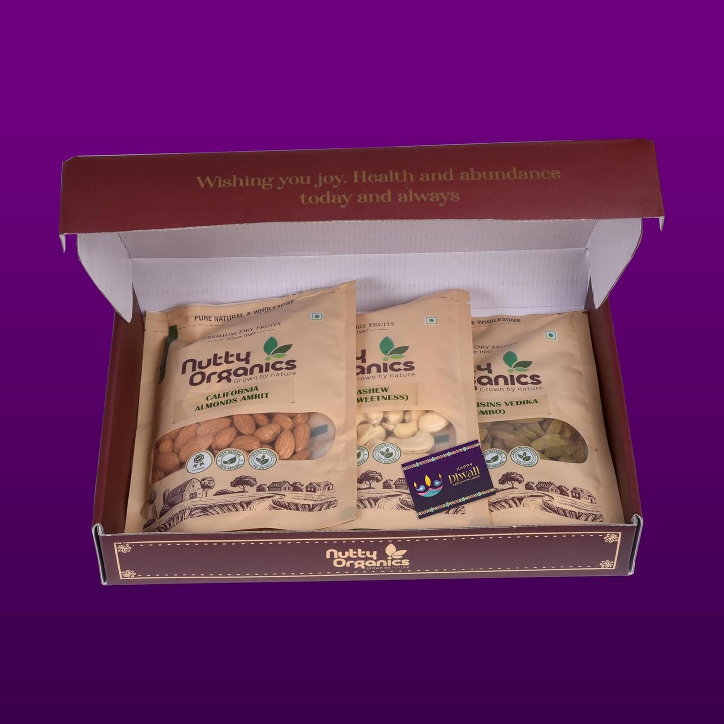 Nutty Organics Premium Gift Set — Almonds · Cashew · Green Raisins (100g each) + Card