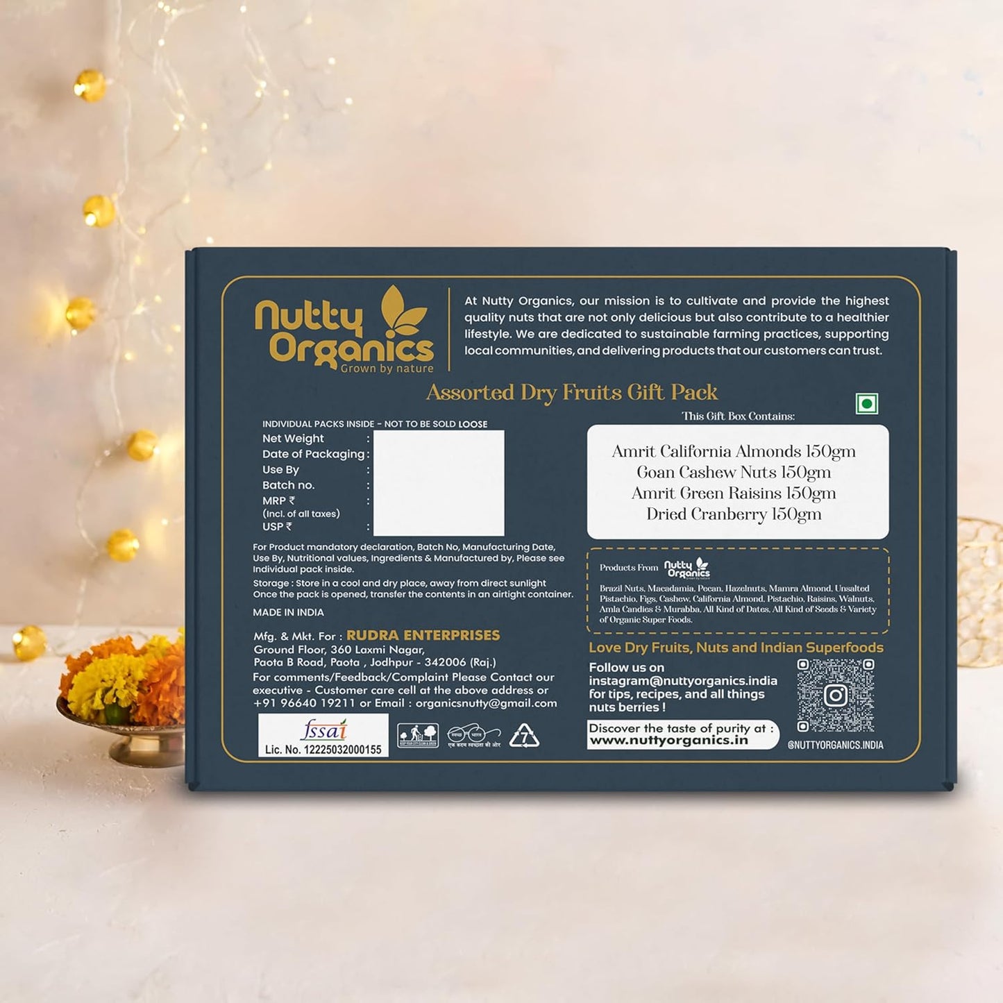 Nutty Organics Premium Dry Fruit Set — 3×150g (Almonds, Cashew, Raisins) + Cranberry 180g | Gift Box & Card