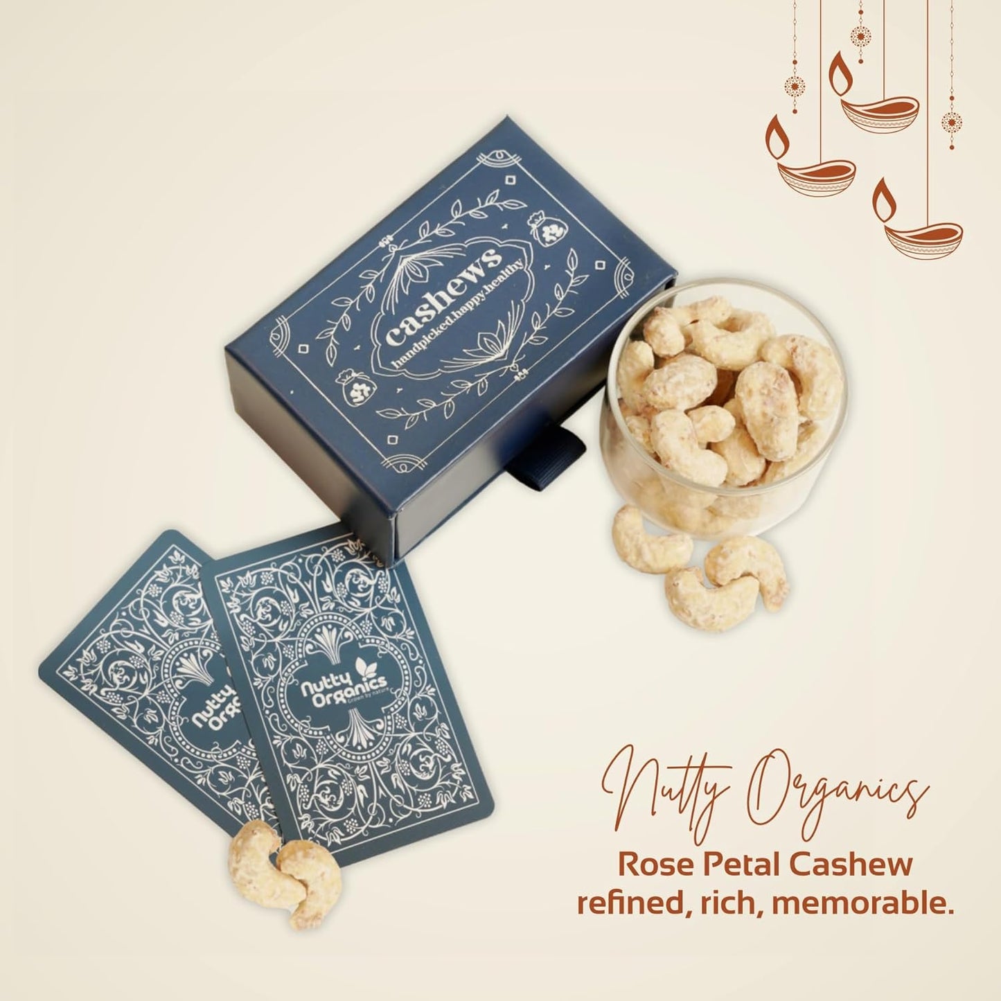 Nutty Organics Gourmet Diwali Set: Rose Petal Cashews & Thai Sweet Chilli Almonds 130g Each + Diwali Playing Cards