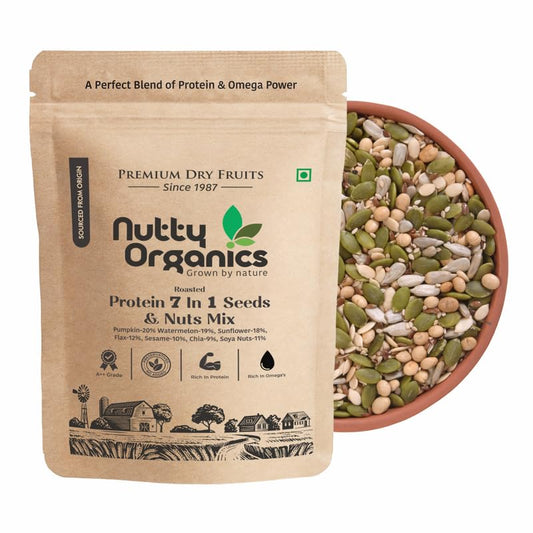 Nutty Organics 7-in-1 Seeds & Nuts Mix 200g and 1 kg| Omega-Rich Superfood | Roasted Pumpkin, Sunflower, Watermelon, Flax, Sesame, Chia & Soya | Healthy Snack | Vegan & Gluten-Free