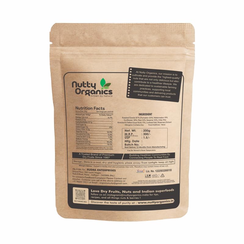 Nutty Organics 7-in-1 Seeds & Nuts Mix 200g and 1 kg| Omega-Rich Superfood | Roasted Pumpkin, Sunflower, Watermelon, Flax, Sesame, Chia & Soya | Healthy Snack | Vegan & Gluten-Free