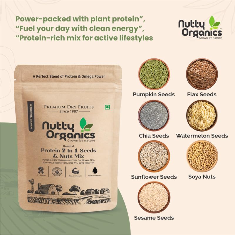Nutty Organics 7-in-1 Seeds & Nuts Mix 200g and 1 kg| Omega-Rich Superfood | Roasted Pumpkin, Sunflower, Watermelon, Flax, Sesame, Chia & Soya | Healthy Snack | Vegan & Gluten-Free