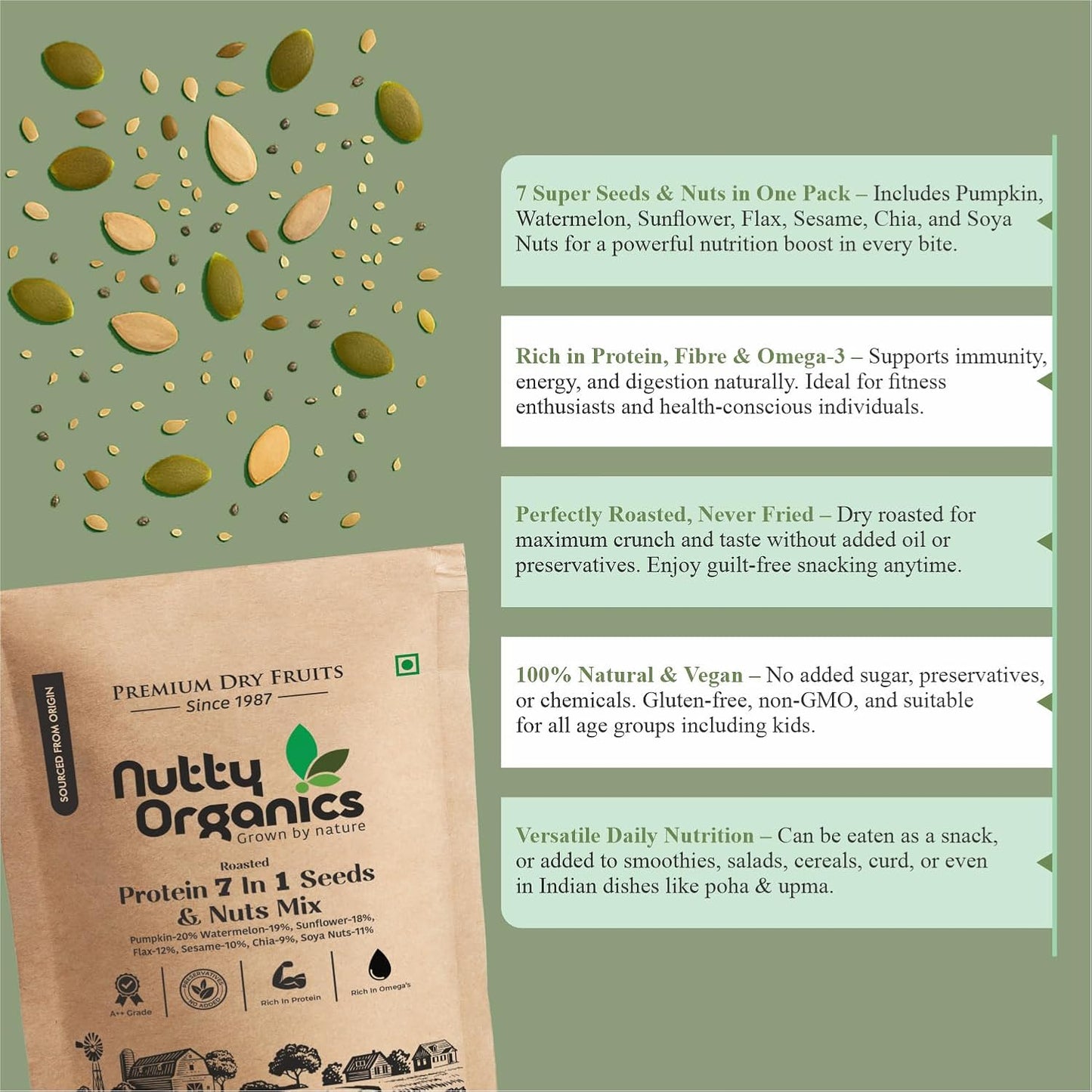 Nutty Organics 7-in-1 Seeds & Nuts Mix 200g and 1 kg| Omega-Rich Superfood | Roasted Pumpkin, Sunflower, Watermelon, Flax, Sesame, Chia & Soya | Healthy Snack | Vegan & Gluten-Free