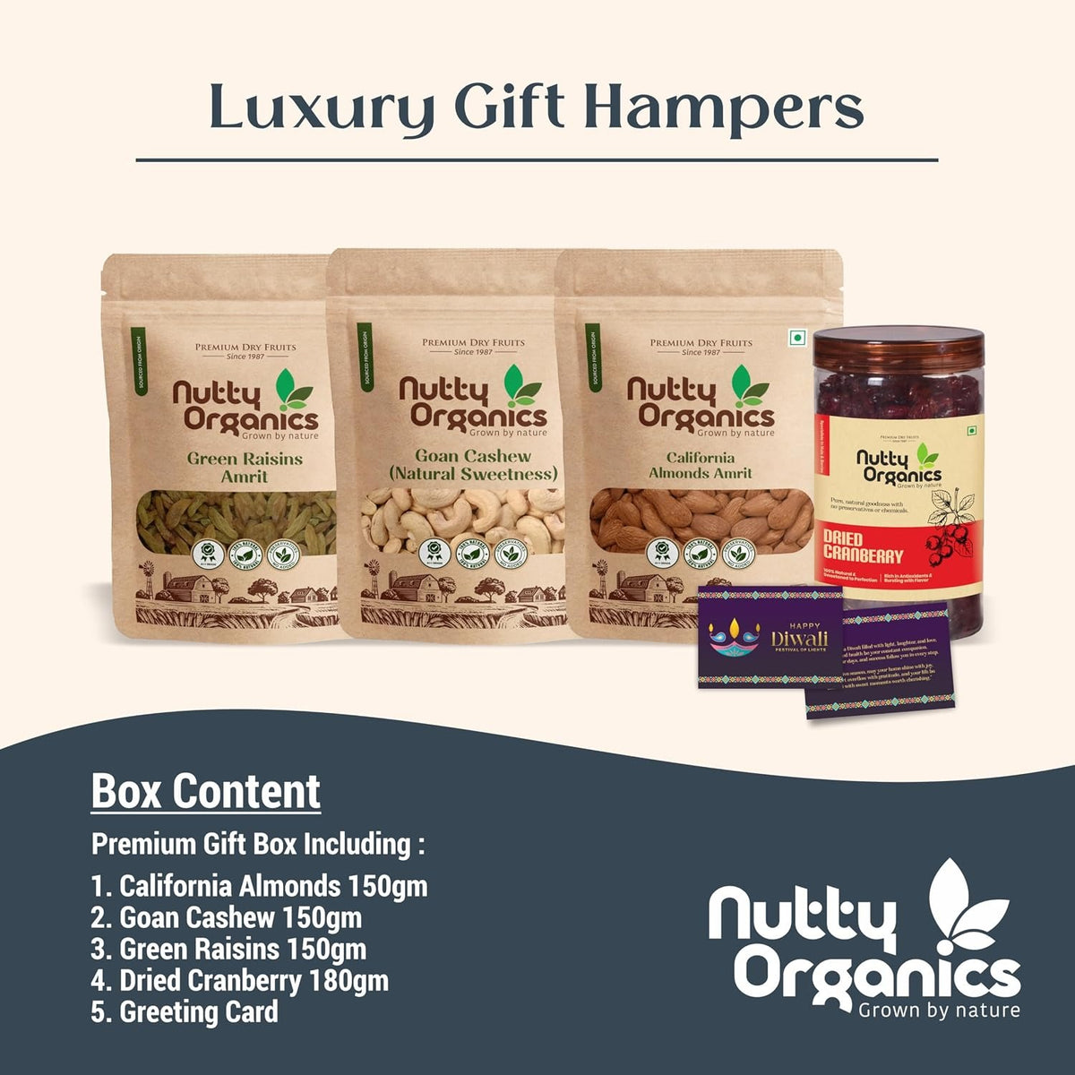 Nutty Organics Premium Dry Fruits Gift Box – Almonds, Cashews, Green Raisins (150g Each) & Cranberries (180g) | Greeting Card Included | Healthy Gift for Every Occasion