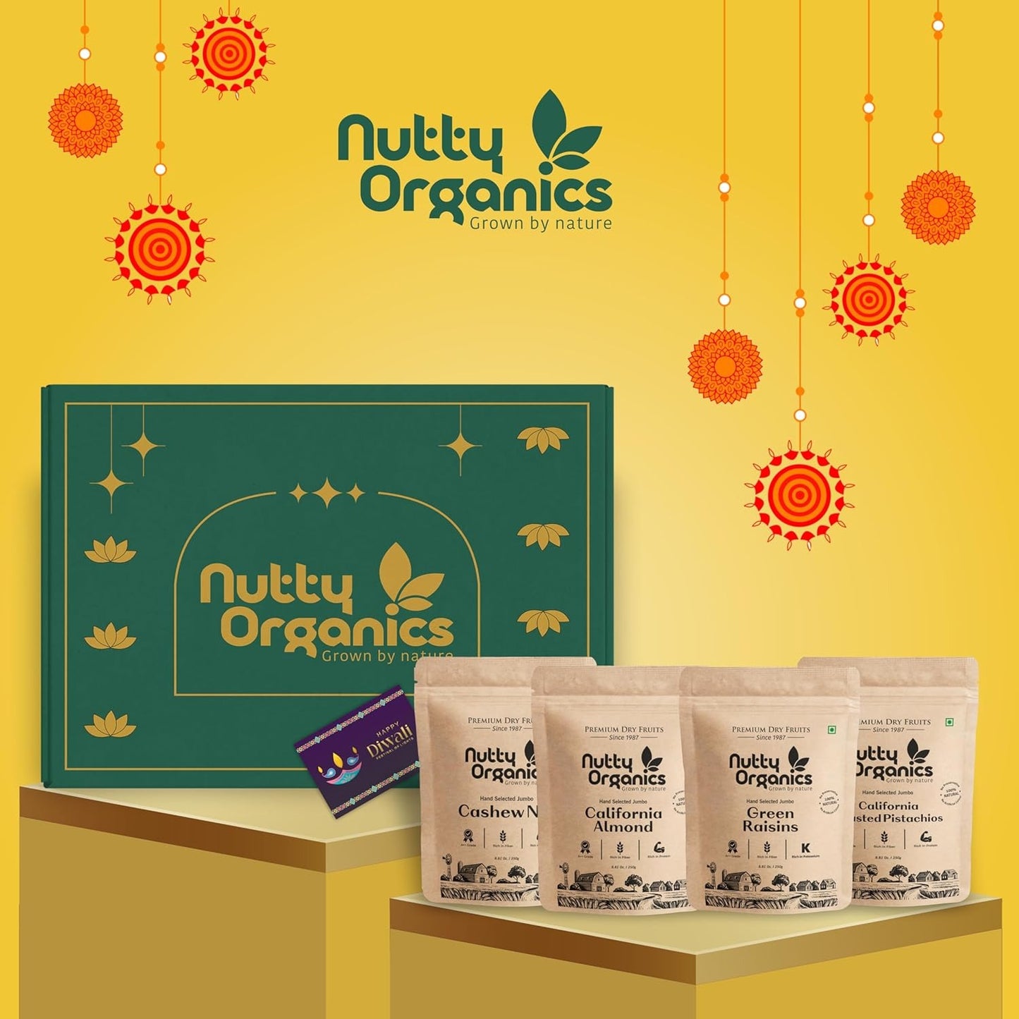 Nutty Organics Mix Dry Fruits Combo 1Kg – California Almonds, Whole Cashews, Green Raisins (Kishmish) & Exotic Pistachios (250g Each) | High Fiber, Rich Protein, Immunity Support | Healthy Dry Fruit Gift Box for Family, Friends & Diwali
