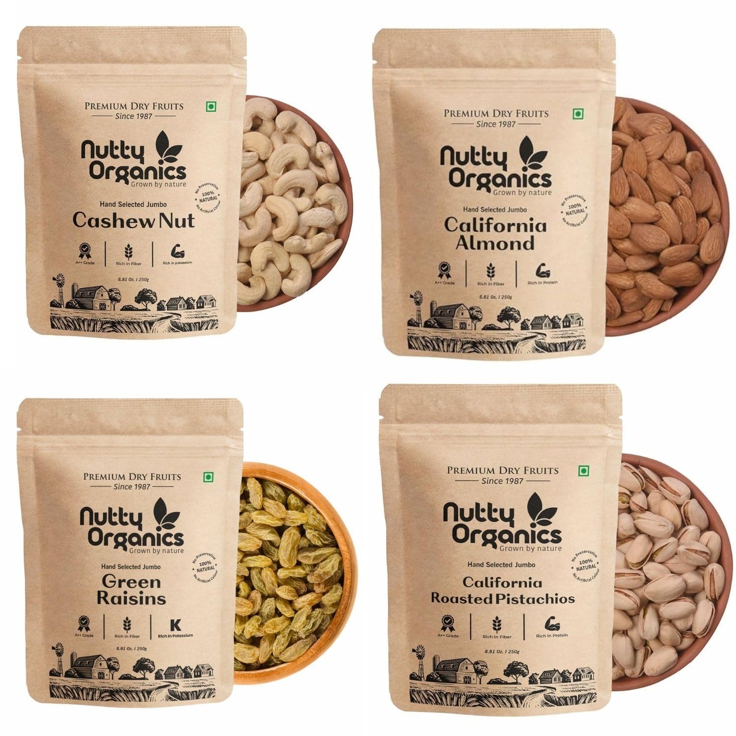 Nutty Organics Mix Dry Fruits Combo 1Kg – California Almonds, Whole Cashews, Green Raisins (Kishmish) & Exotic Pistachios (250g Each) | High Fiber, Rich Protein, Immunity Support | Healthy Dry Fruit Gift Box for Family, Friends & Diwali