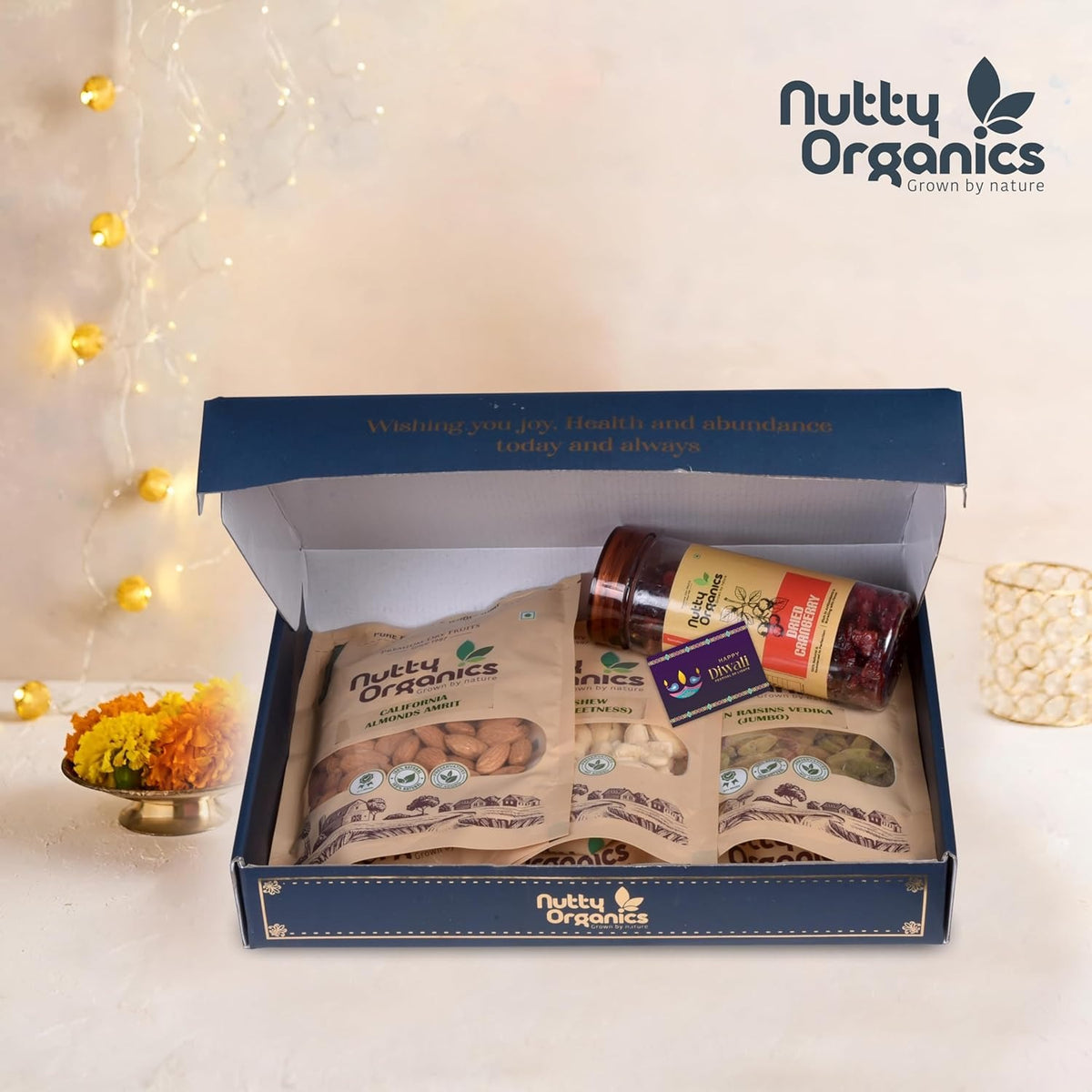 Nutty Organics Premium Dry Fruits Gift Box – Almonds, Cashews, Green Raisins (150g Each) & Cranberries (180g) | Greeting Card Included | Healthy Gift for Every Occasion
