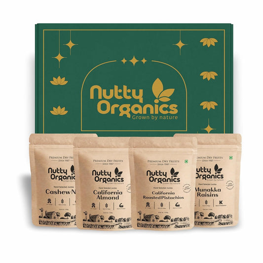 Nutty Organics Mix Dry Fruits Combo 1Kg – California Almonds, Whole Cashews, Green Raisins (Kishmish) & Exotic Pistachios (250g Each) | High Fiber, Rich Protein, Immunity Support | Healthy Dry Fruit Gift Box for Family, Friends & Diwali