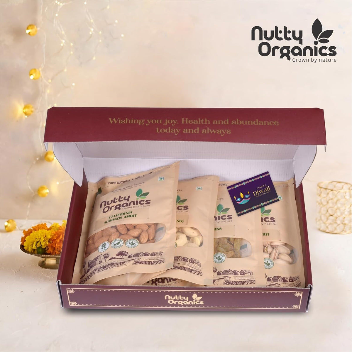 Nutty Organics Premium Dry Fruits Gift Pack – Cashew, Almonds, Green Raisins, Pistachio 100 gram Each & Healthy Dry Fruit Combo for Gifting & Every Occasion