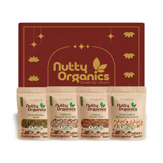 Nutty Organics Premium Dry Fruits Gift Pack – Cashew, Almonds, Green Raisins, Pistachio 100 gram Each & Healthy Dry Fruit Combo for Gifting & Every Occasion