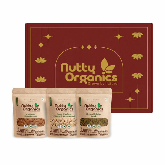 Nutty Organics Premium Gift Set — Almonds · Cashew · Green Raisins (100g each) + Card