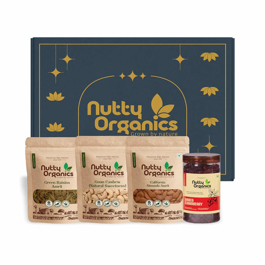 Nutty Organics Premium Dry Fruit Set — 3×150g (Almonds, Cashew, Raisins) + Cranberry 180g | Gift Box & Card