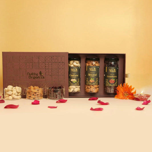 Nutty Organics Premium Diwali Gift Box: Cashew, Almond & Whole Cranberry — 3×160g Jars | Vegan, Gluten-Free