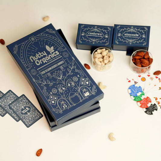 Nutty Organics Gourmet Diwali Set: Rose Petal Cashews & Thai Sweet Chilli Almonds 130g Each + Diwali Playing Cards