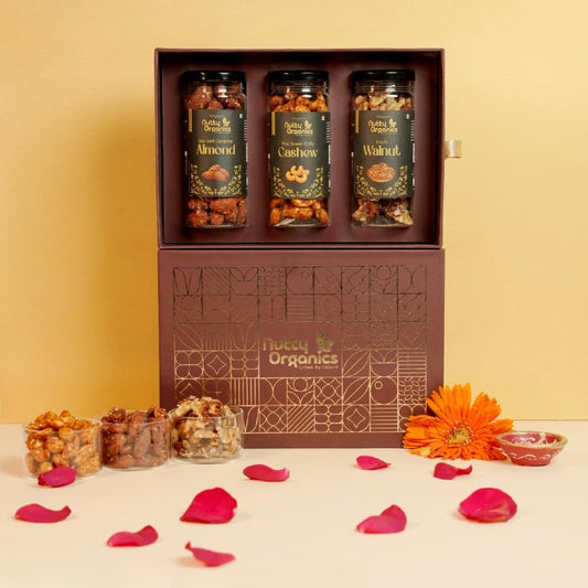 Nutty Organics Premium Diwali Gift Box: Cashew, Almond, Walnut — 3×130g Jars | Vegan & Gluten-Free